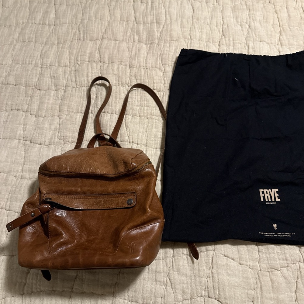 Frye Brown Leather Backpack inside pockets duster bag